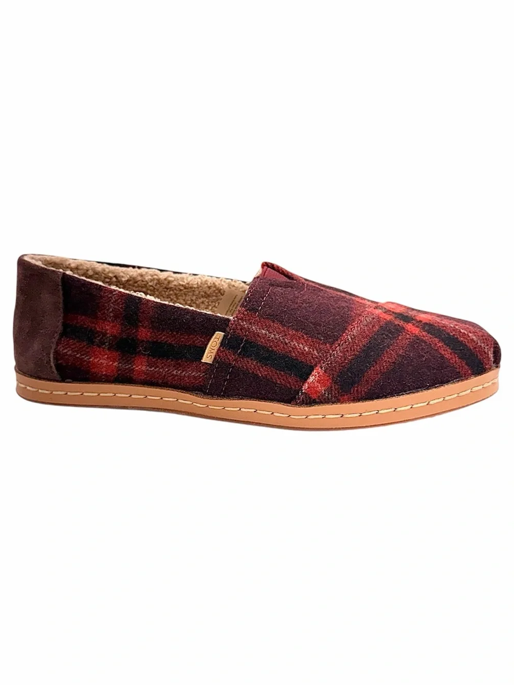 NWOT Toms Red Plaid Alpargatas Leather Wrap Faux Shearling | Women’s Size 8